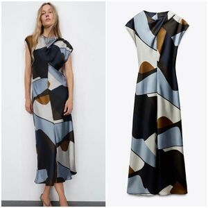 NWT ZARA SATIN PRINTED MIDI DRESS Size M